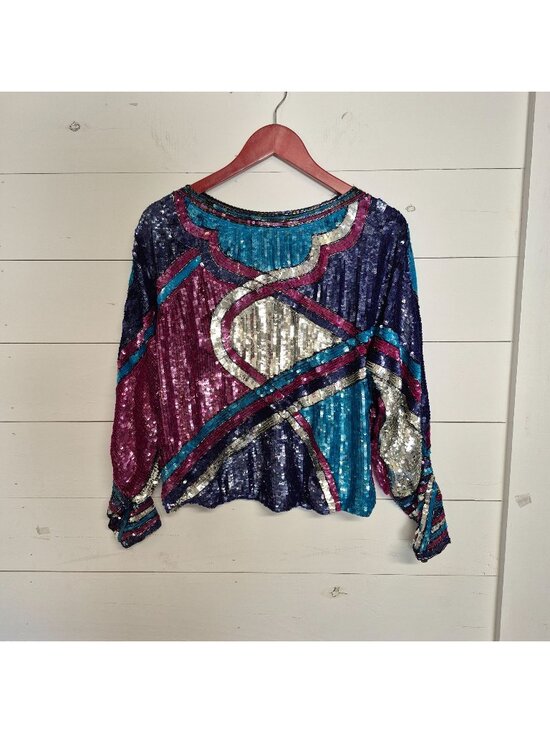 Sitara Tops - Vintage 70s Sitara Colorful Sequin Silk Blouse Top Long Sleeve